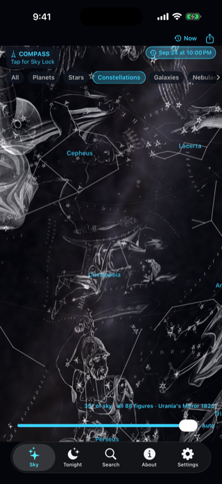 Cassiopeia and Cepheus drawn with Urania’s Mirror constellation artwork.