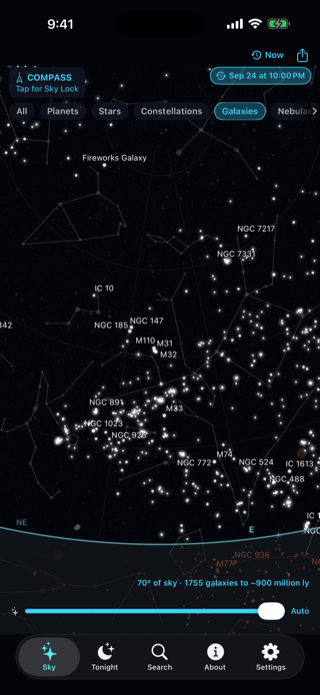 Galaxies mode around Andromeda, with hundreds of labeled galaxies.