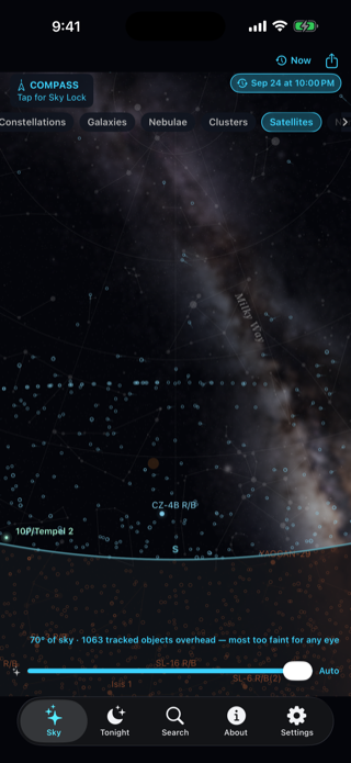 Satellites mode showing a band of tracked satellites.