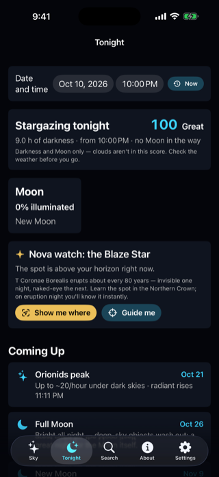The Tonight screen with a stargazing score, Moon phase, Nova watch, and coming events.