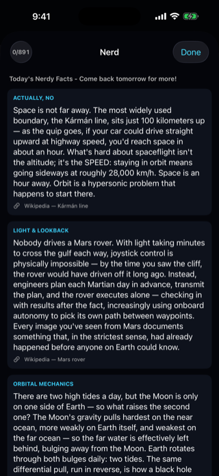 The Nerd facts screen with sourced space facts.