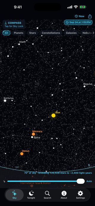 The real AstroCompass app in daylight, with the Sun, Mercury, Venus, and Arcturus labeled.