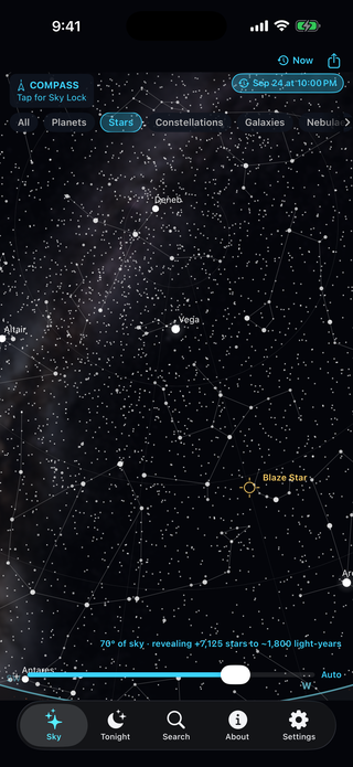 A night star field with Vega, Deneb, and Altair and several thousand fainter stars revealed.