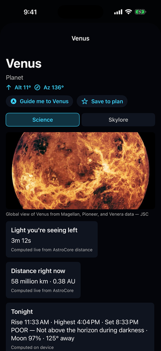 The Venus page, Science side, with a globe image of Venus, light travel time, and distance.
