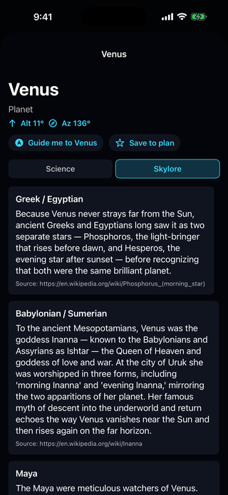 The Venus page, Skylore side, with Greek, Egyptian, and Babylonian stories.